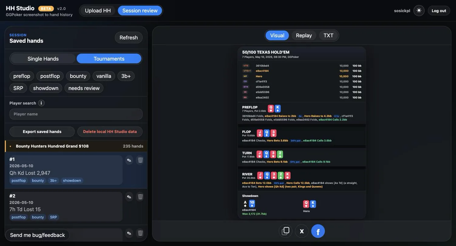 Visual hand history after uploading a poker screenshot